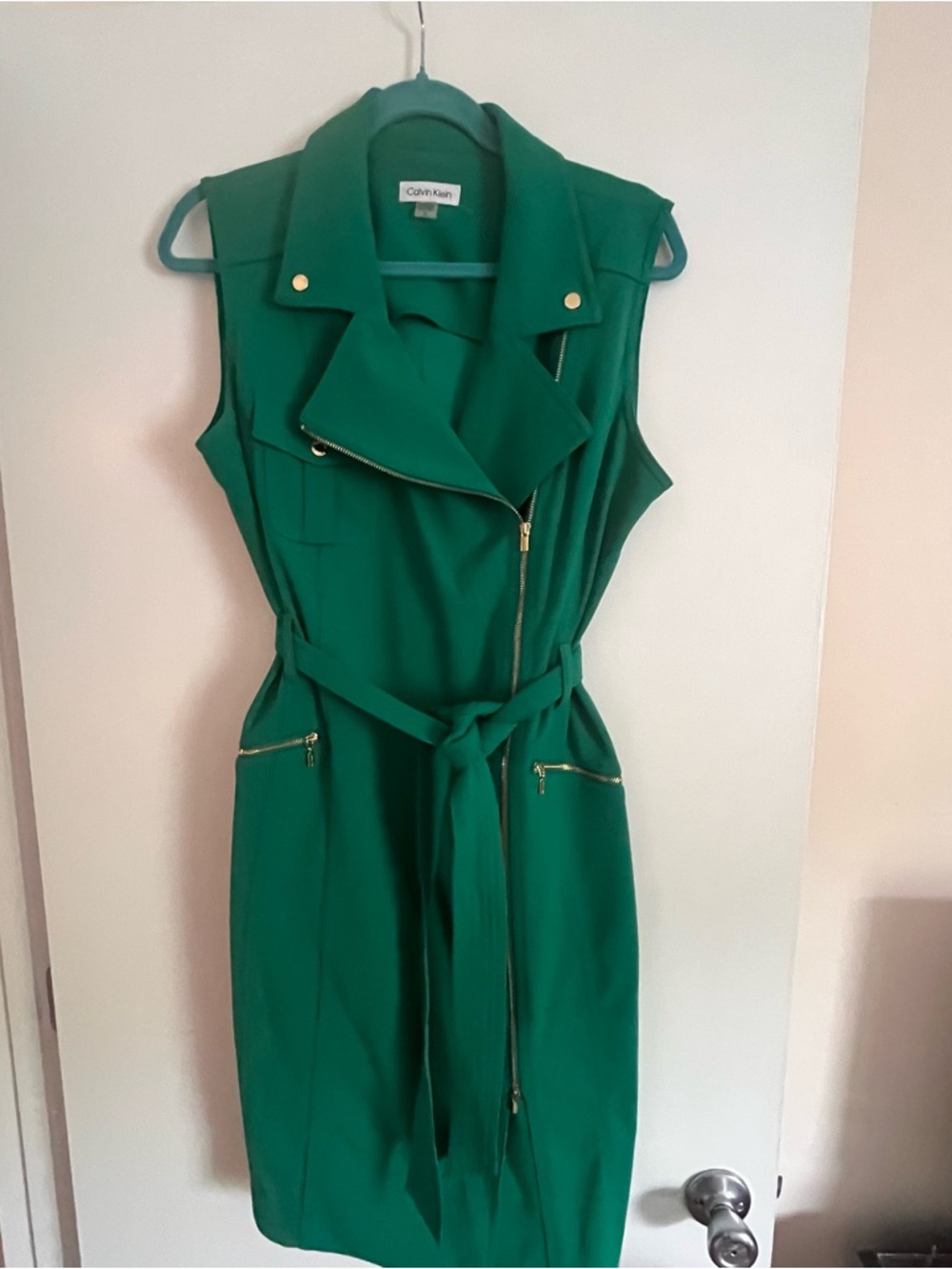 Calvin Klein Sleeveless Emerald Green Zip-Front Belted Sheath Dress